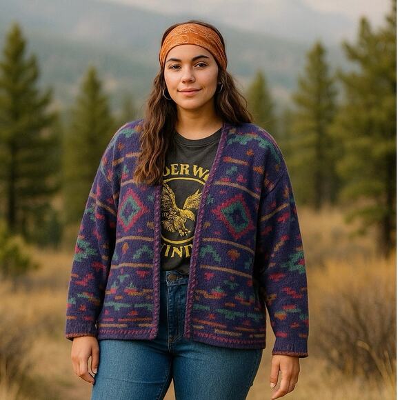 Vintage ALPS Southwestern Cotton Cardigan Sweater XL USA Aztec Knit Boho purple - Picture 1 of 8